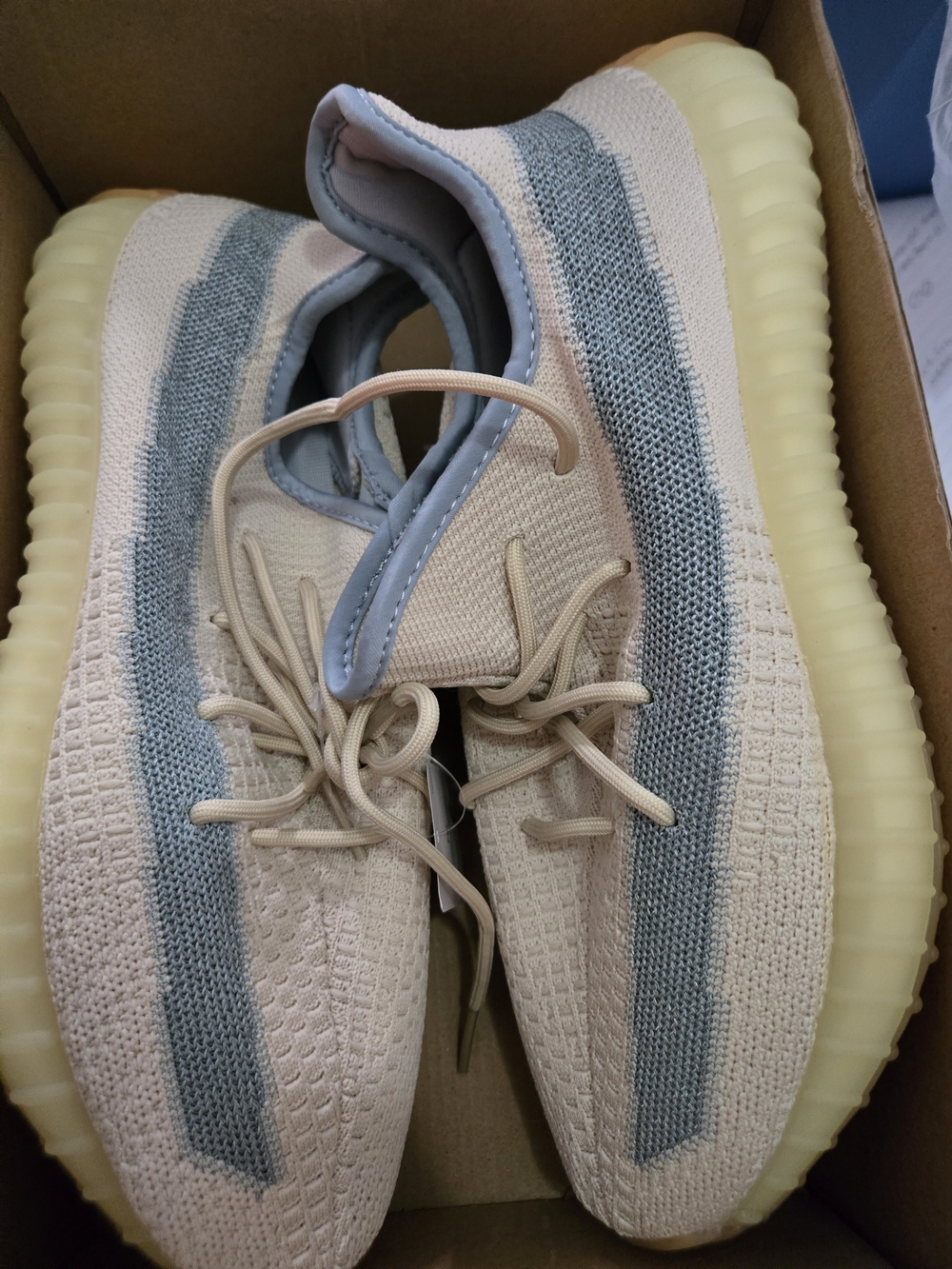 adidas Men's Yezzys Knit Sneakers in Beige and Light Blue